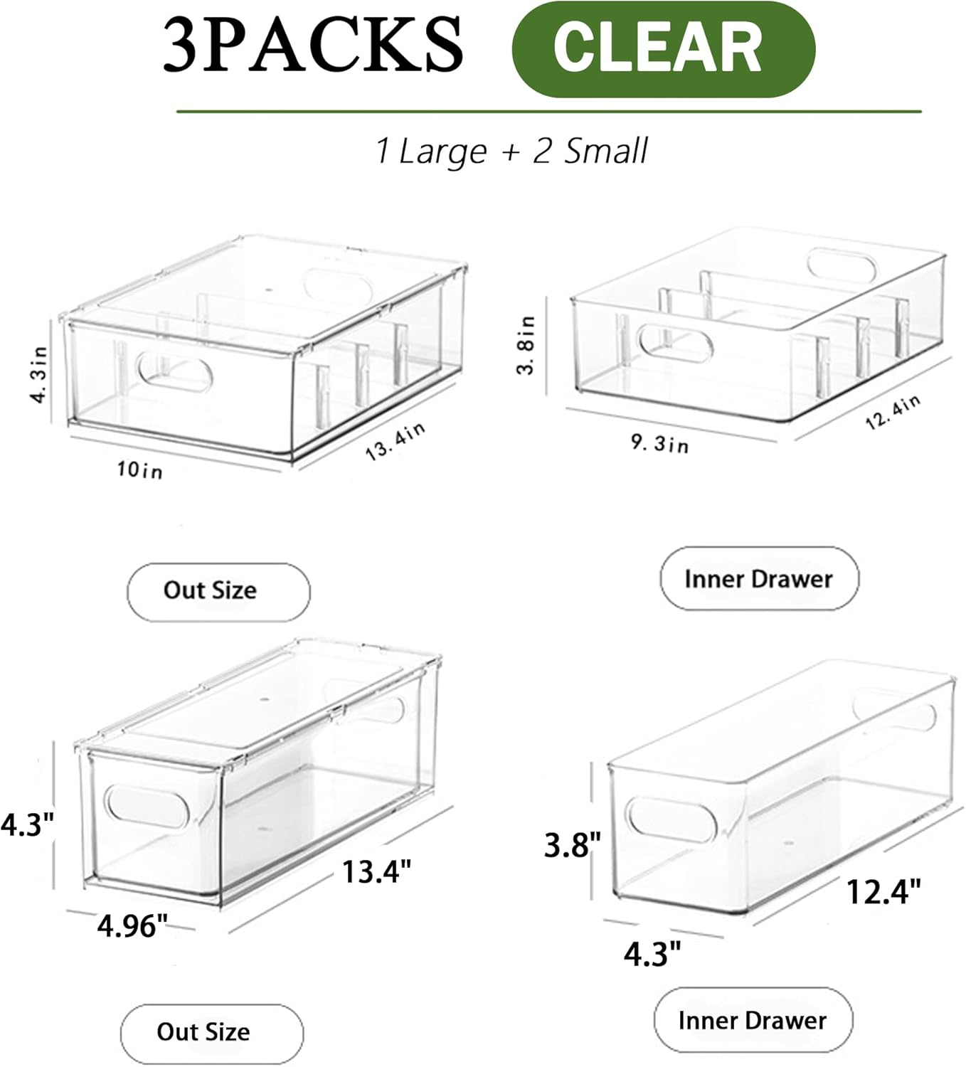 bealy 3 Pack Fridge Organizer and Storage,Clear Storge Bins with Pull-out Drawer, Fridge Drawers