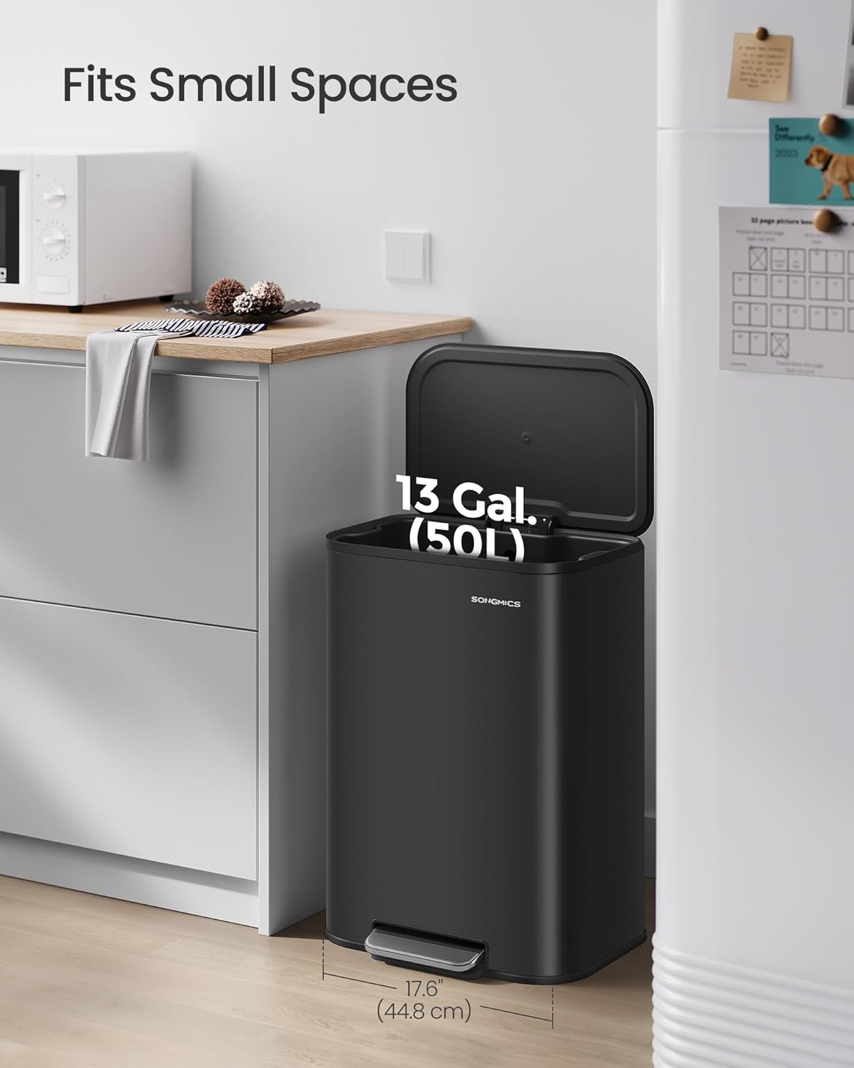 SONGMICS Kitchen Trash Can, 13-Gallon (50 L) Garbage Can with Lid, Stainless Steel, Soft Close and
