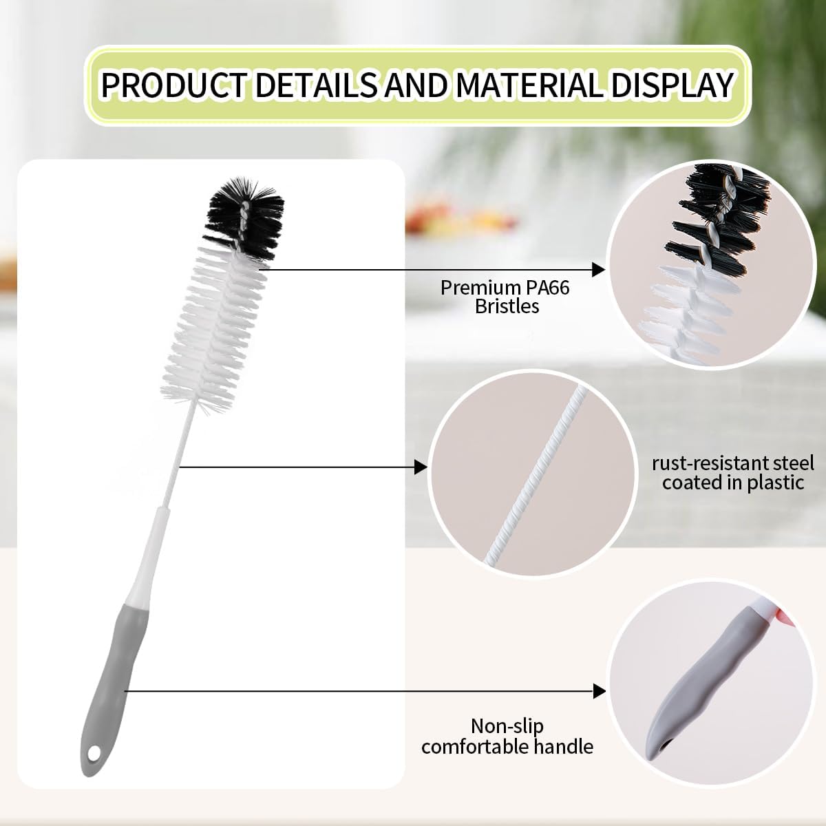 Bottle Cleaner Brush Set - Long Handle Bottle Brushes for Cleaning Narrow Neck Bottles, Beer, Wine