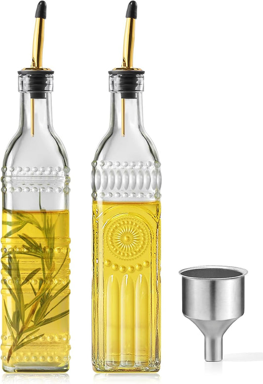 2 Pcs Olive Oil Dispenser Bottle for Kitchen,17oz Clear Glass Cooking Oil and Vinegar Dispenser