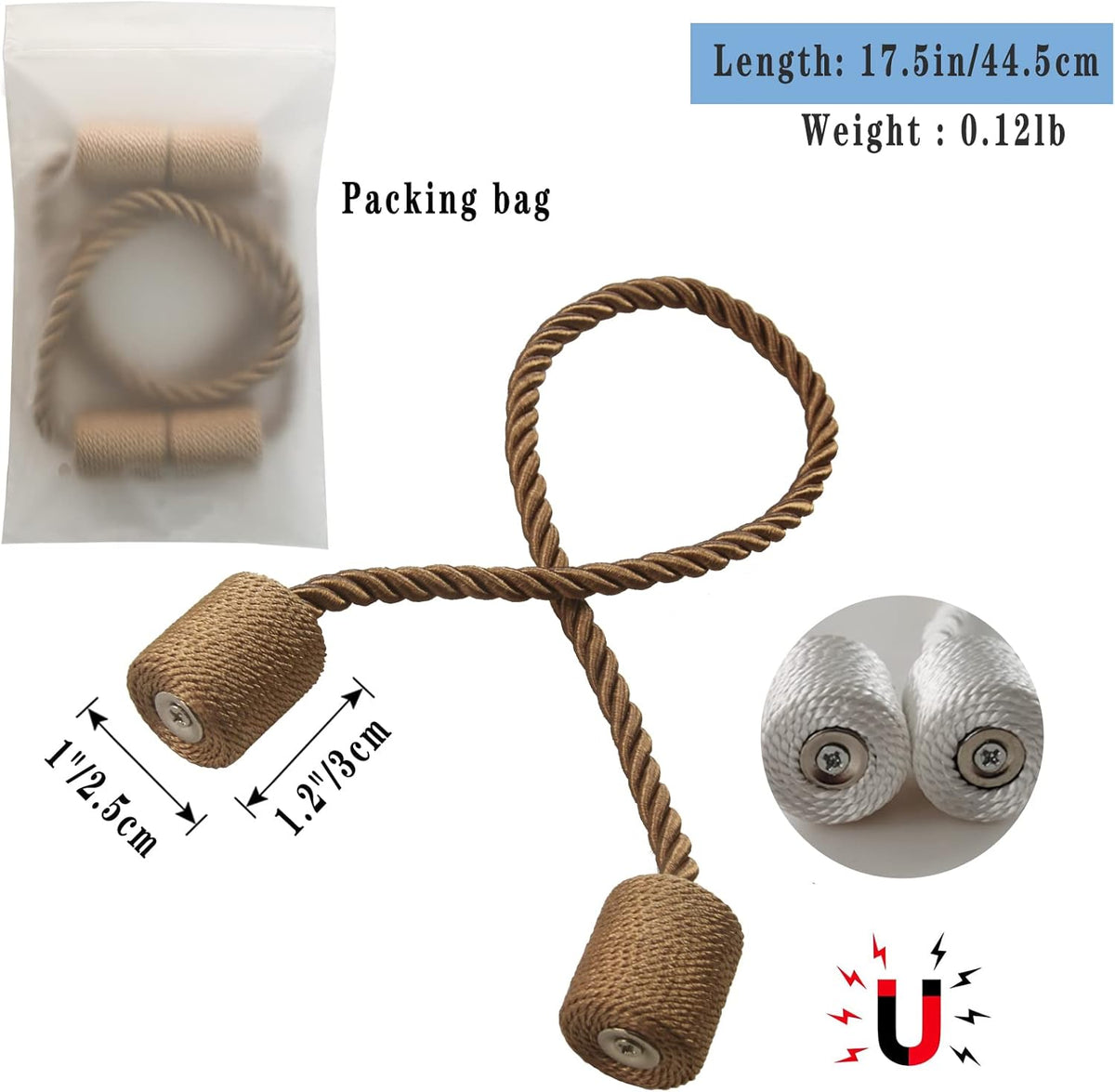 Magnetic Curtain Tiebacks 6 Pack Khaki Curtain Rope Tieback Curtain Holders for Drapes Modern Tie