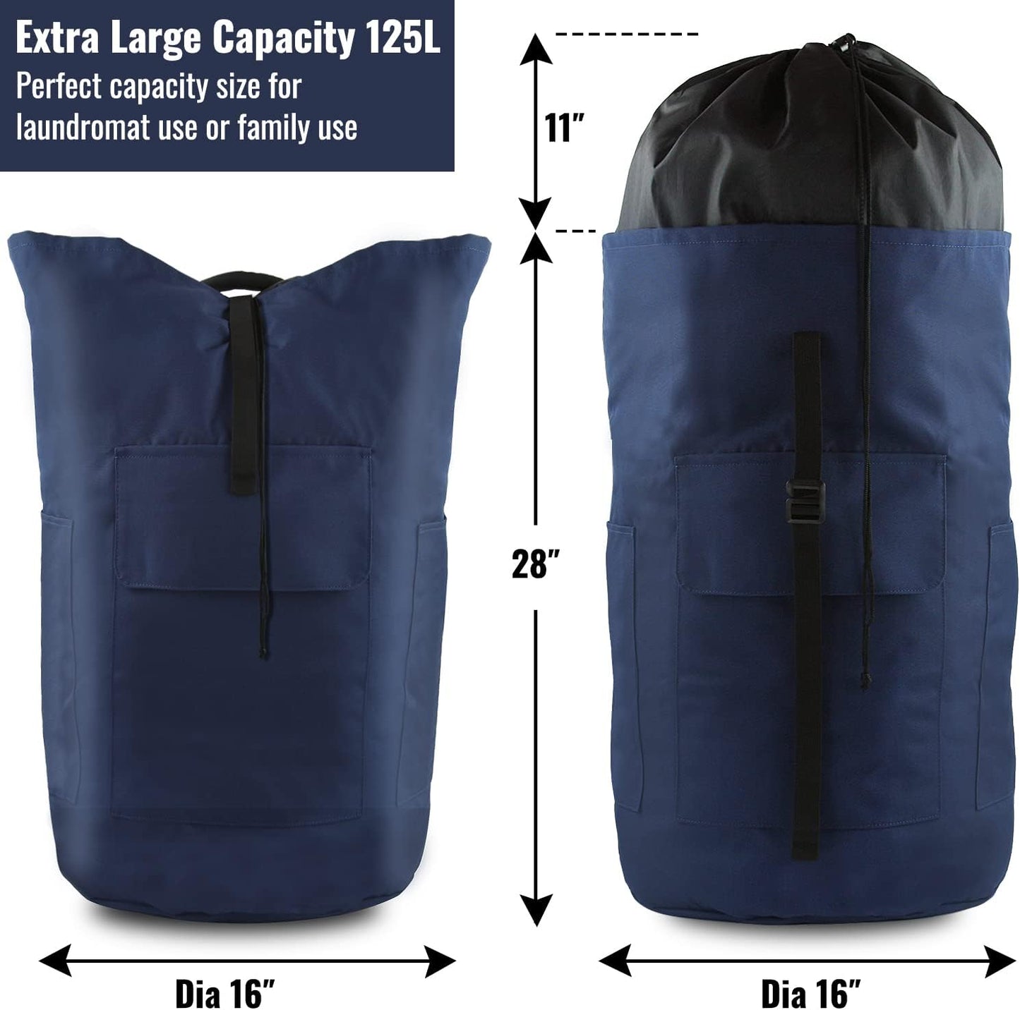 Laundry Bag Backpack, 125L Extra Large Travel Laundry Bags with Shoulder Straps, Adjustable &