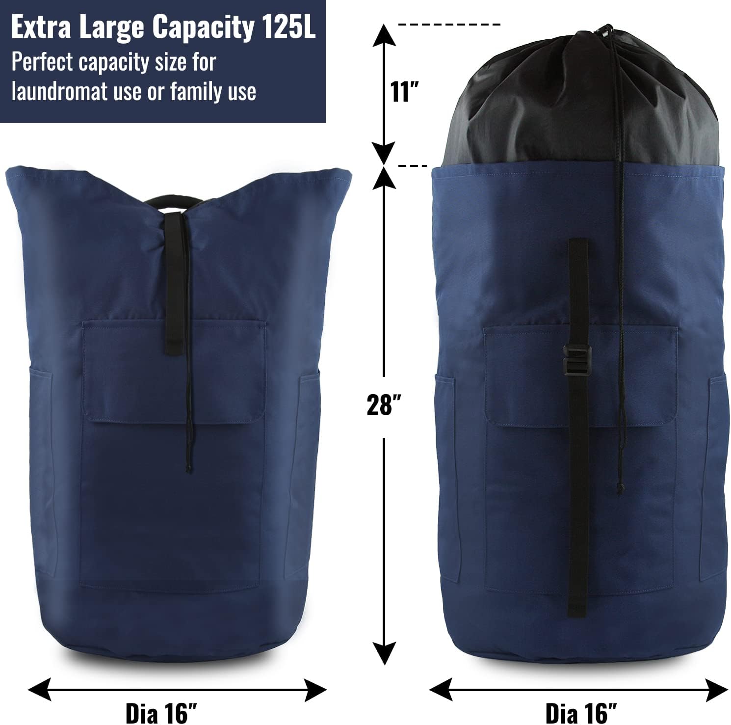 Laundry Bag Backpack, 125L Extra Large Travel Laundry Bags with Shoulder Straps, Adjustable &