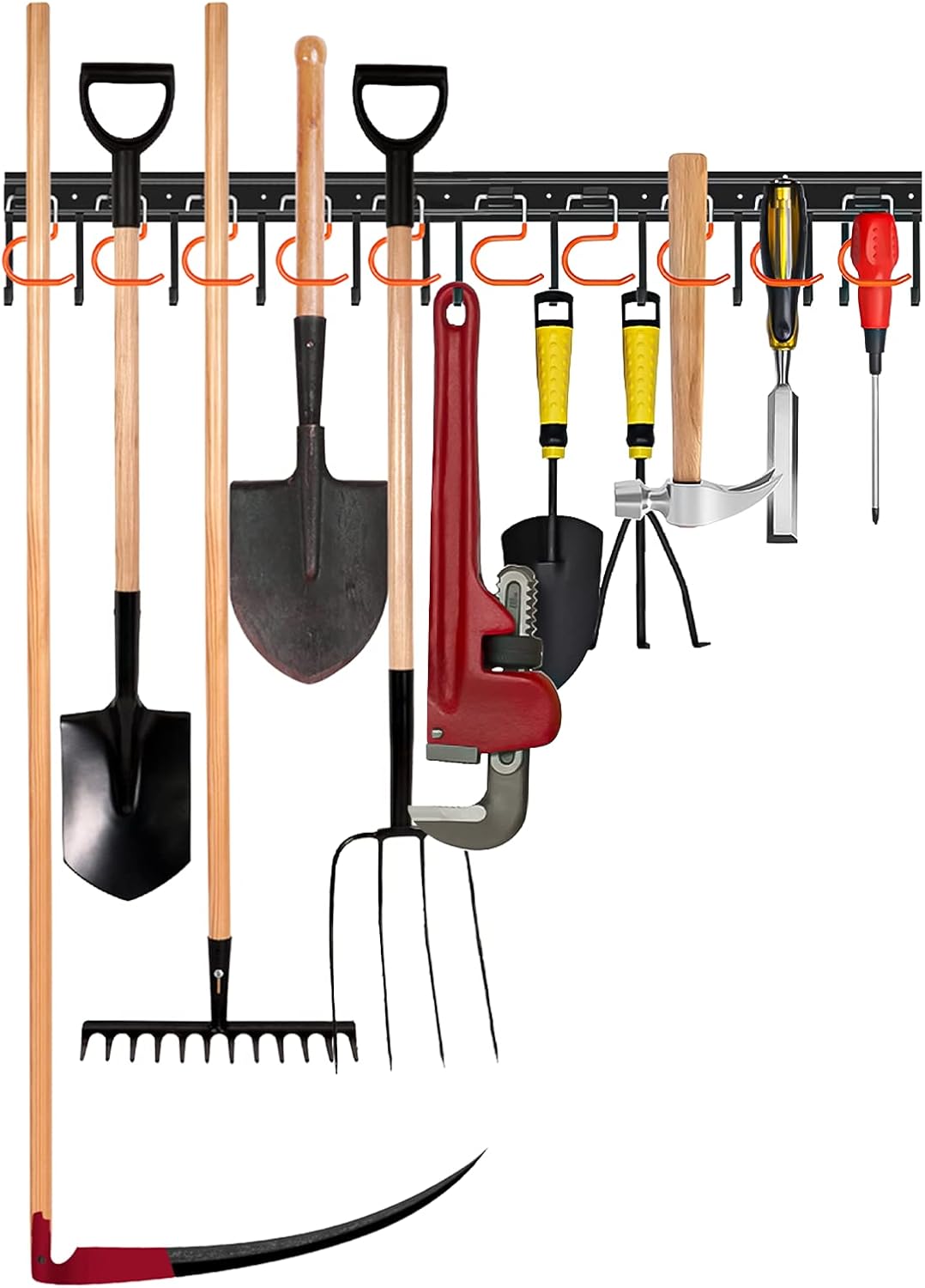 34'' All Metal Garden Tool Organizer Wall Mount Garage Organizers and Storage with Hooks Tool