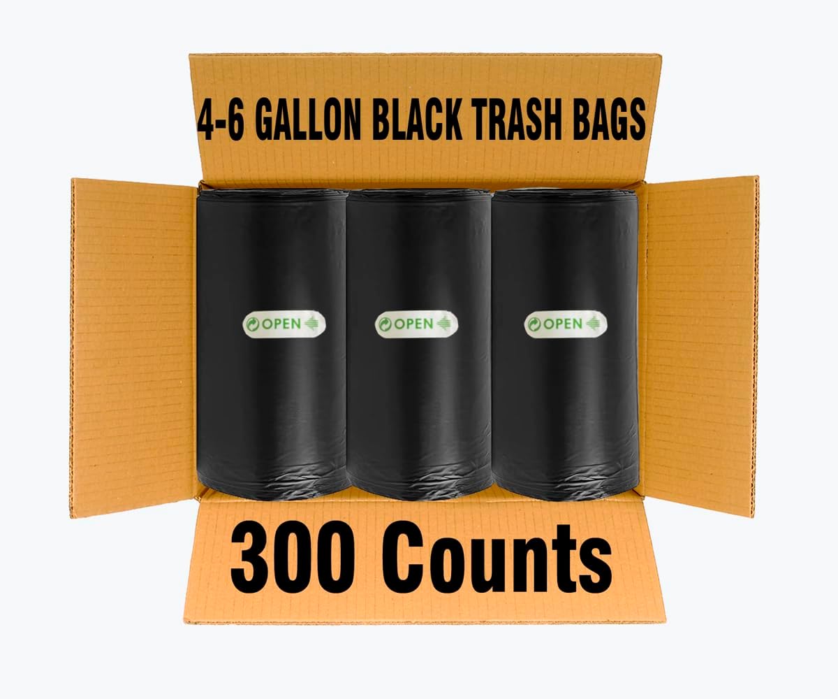 4-6 Gallon Trash Bags, 300 Count Black Garbage bags, Multi-purpose Trash Can Bin Liners for