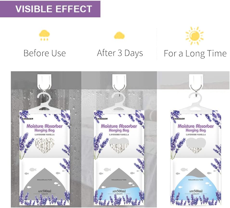 CANAGER Moisture Absorber -12 Pack,Lavender Vanilla Hanging Humidity Bag,Home,Car, and Closet