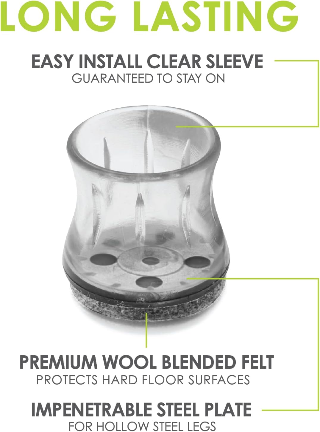 Slipstick GorillaFelt Chair Leg Floor Protectors for Hardwood Floors, Clear Sleeve Felt Pads for