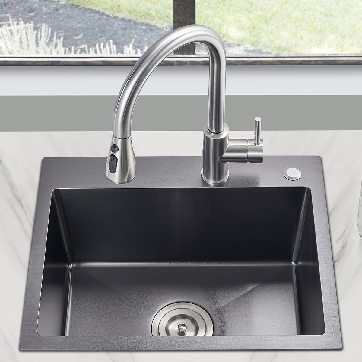 25x18x9 Inch Drop in Kitchen Sink, Handmade 304 Black Stainless Steel Single Bowl, Topmount with 2