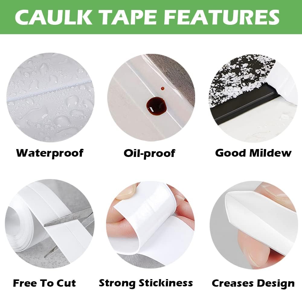 2 Pack Caulk Strip, 1.5" x 10.5Ft PVC Self Adhesive Caulk Tape, Sealing Waterproof Silicone Tape