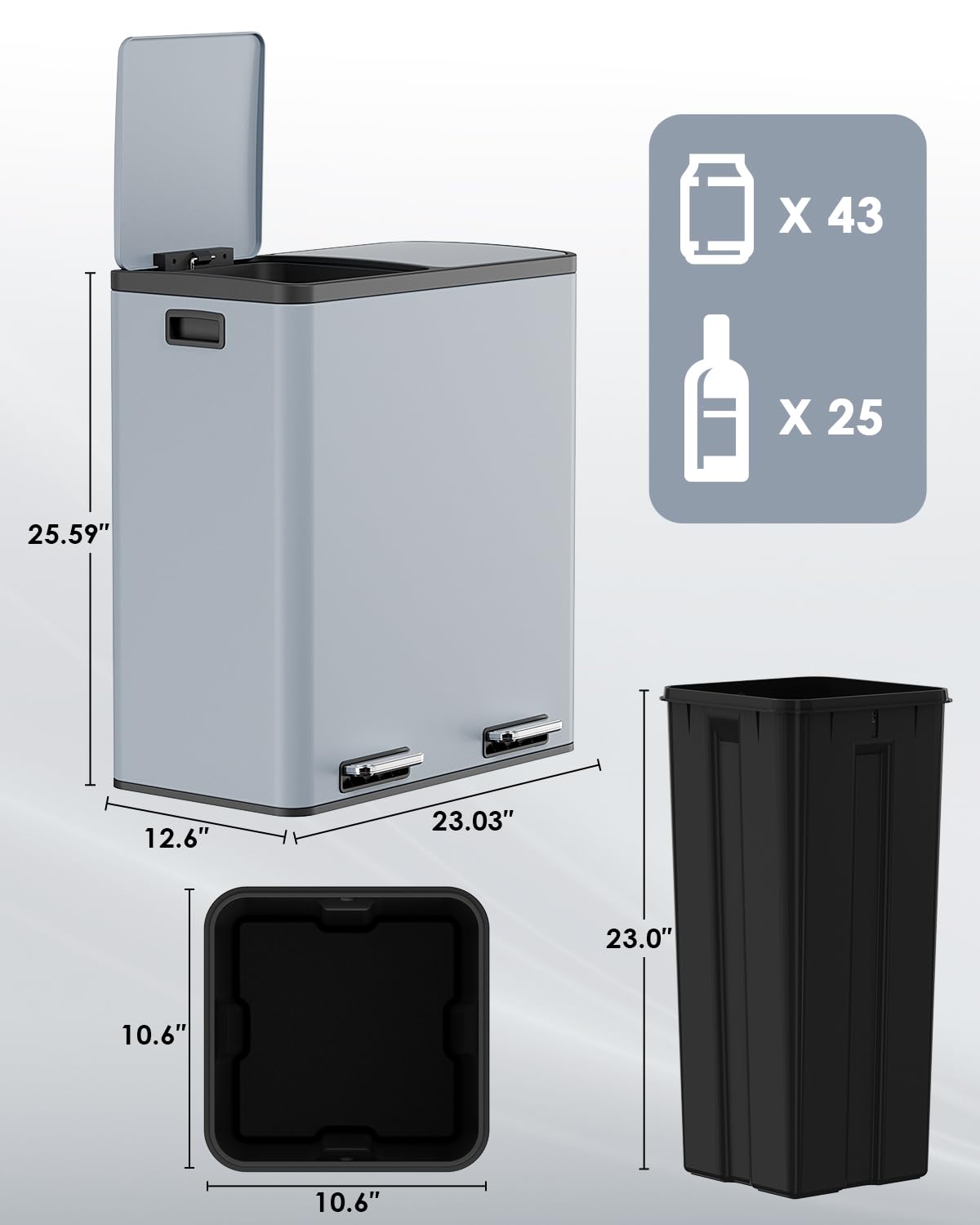 AthLike 60L(16 Gal) Dual Trash Can, Stainless Steel Kitchen Garbage Can, Double Compartment