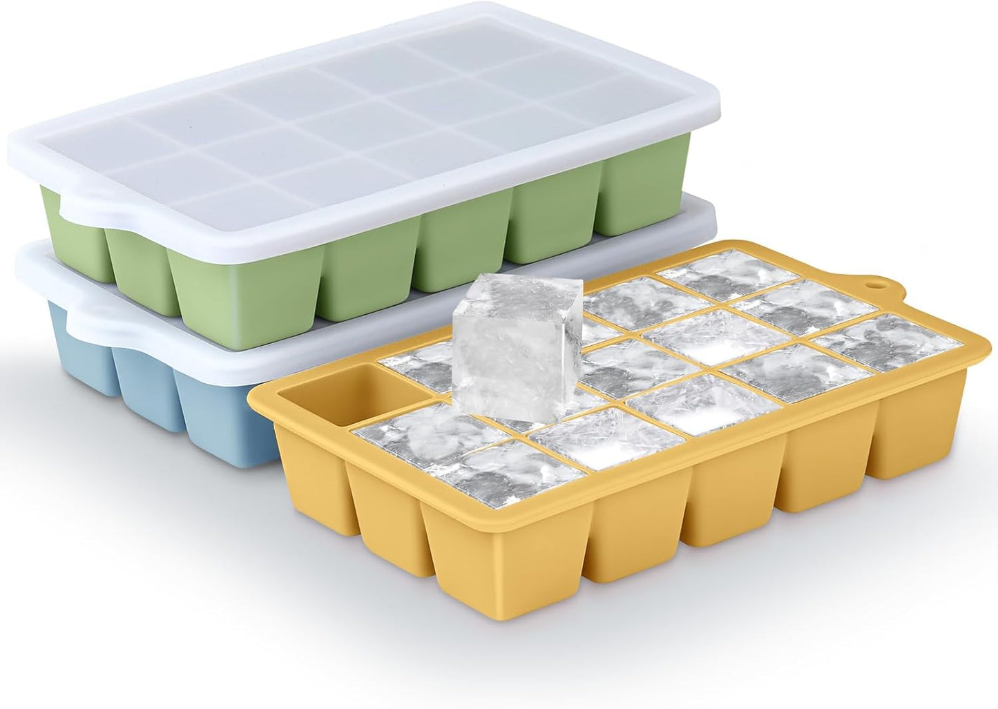 Silicone Ice Cube Trays 3Packs, Easy Release Ice Cube Molds with Lid, Freezer Stackable Ice Maker
