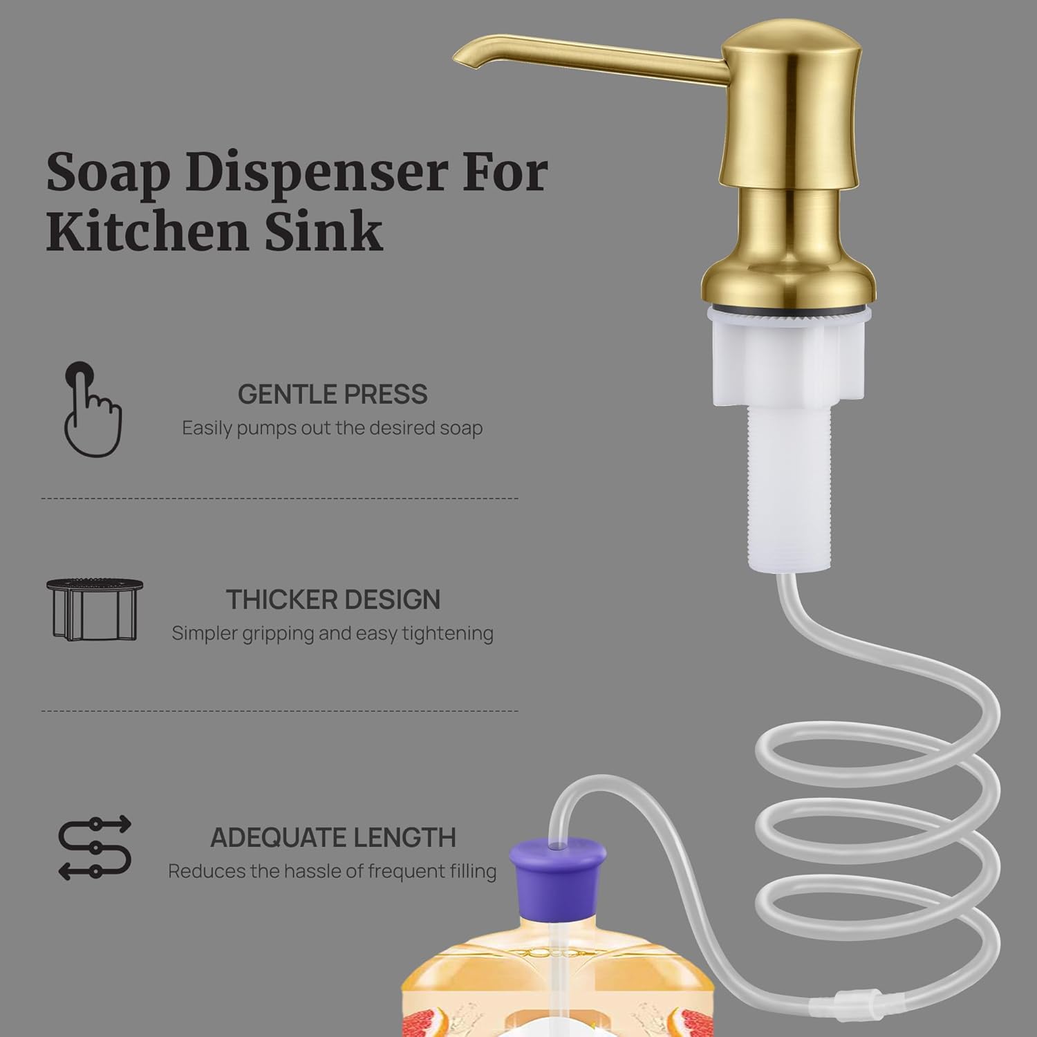 Sink Soap Dispenser for Kitchen Sink Brushed Gold Upgrade with 40" Silicone Extension Tube Kit