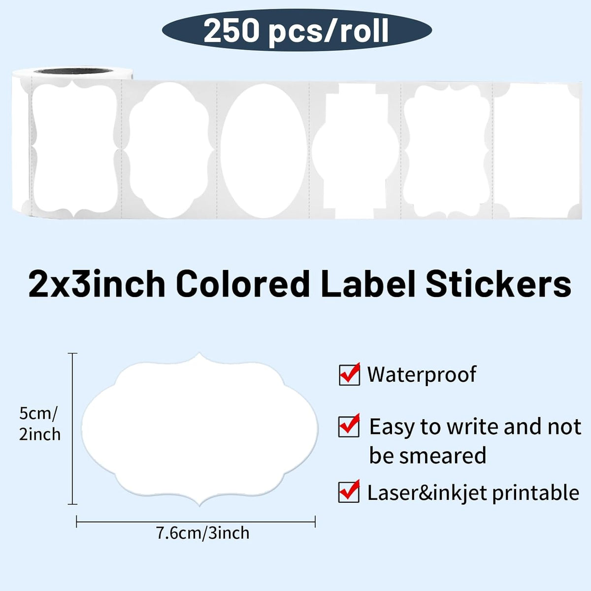 White Labels Stickers, 250PCS 3" x 2" Fancy Shape Stickers Labels for Storage Box or Food Jars