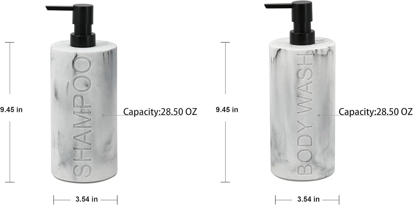 Marble Resin 2 Piece Shampoo and Body Wash Dispenser Set, Luxurious Refillable Pump Bottles with