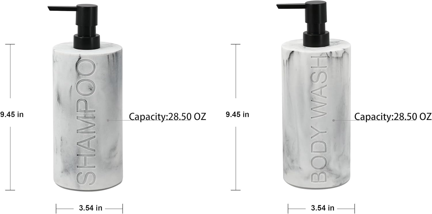Marble Resin 2 Piece Shampoo and Body Wash Dispenser Set, Luxurious Refillable Pump Bottles with