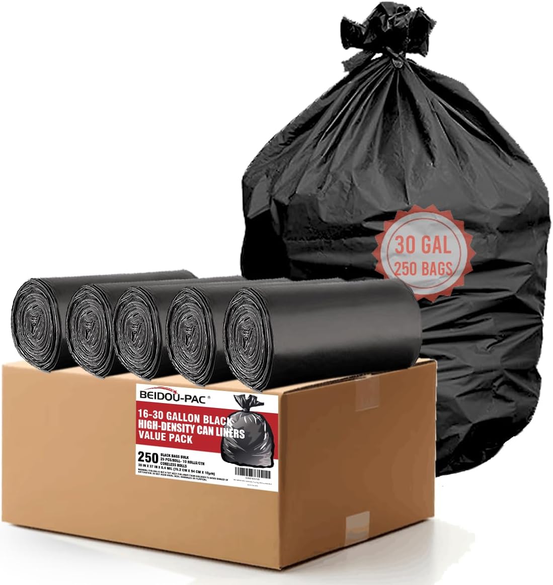 30 Gallon Trash Bags, 250 Count Black Garbage bags, Multi-purpose Trash Can Bin Liners for