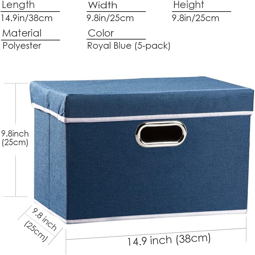 PRANDOM Foldable Storage Bin with Lid [5-Pack] Linen Fabric Decorative Storage Box Organizer