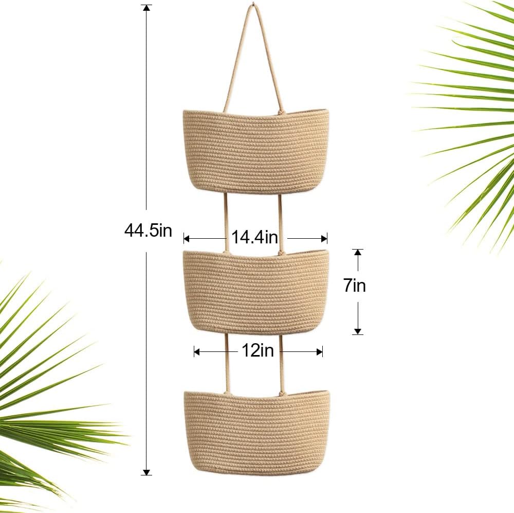 TeoKJ Over the Door Hanging Basket, 3-Tier Woven Cotton Wall-Mounted Storage Organizer Bag