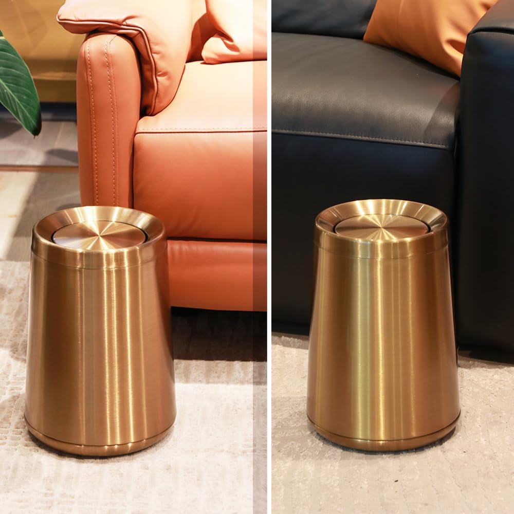 10 L/2.6Gallen,Swing Lid Gold Brass Trash Can,Brushed Nickel Garbage Can Bathroom with Flipping