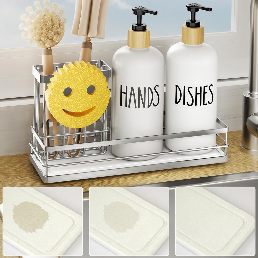 Moforoco Kitchen Dish Soap Dispenser Set, 16OZ Glass Bottle, Hand and Dish Soap Dispenser Set