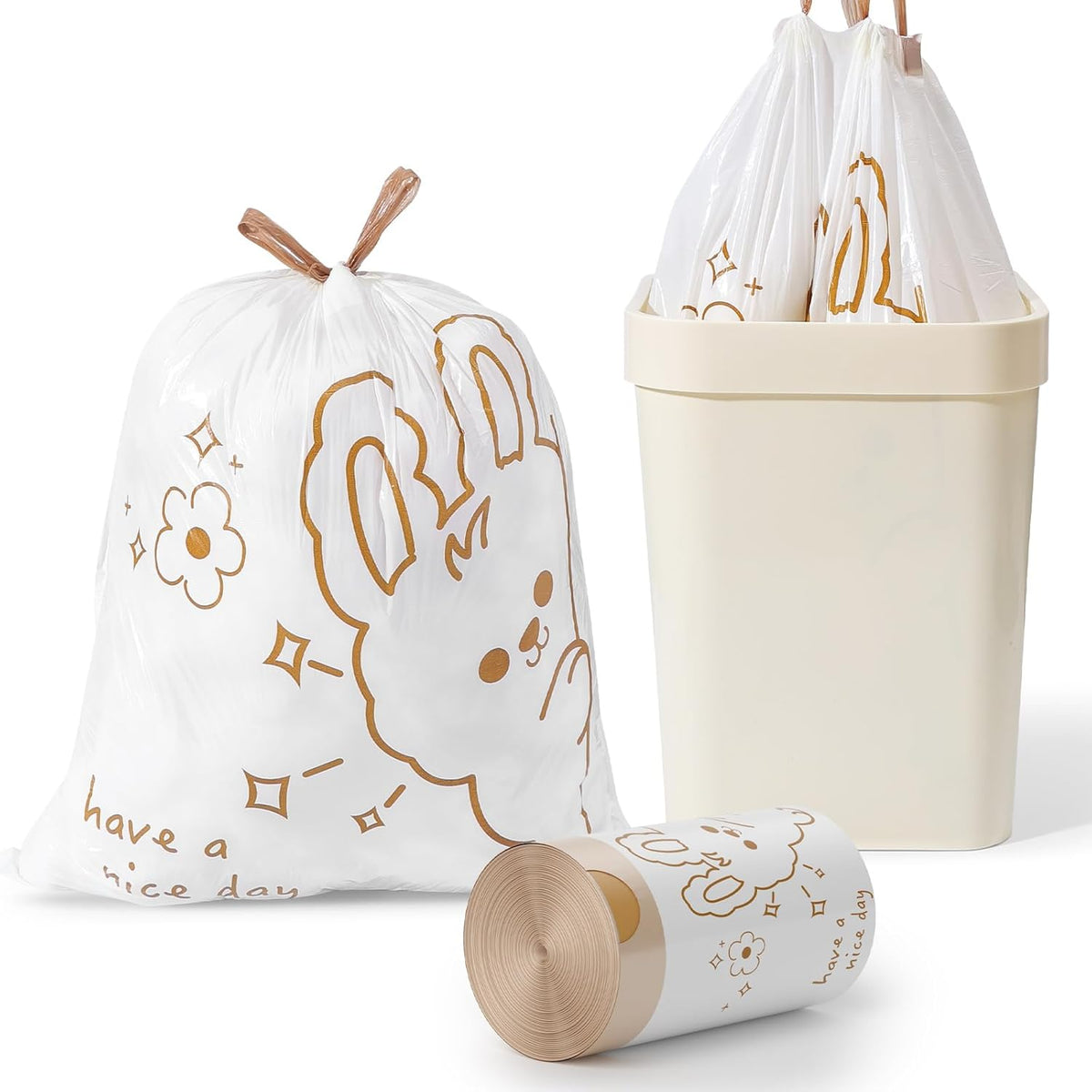 4 Gallon Trash Bags with Cute Rabbit Printed & Drawstring, Tear-Resistant Small Bathroom Garbage