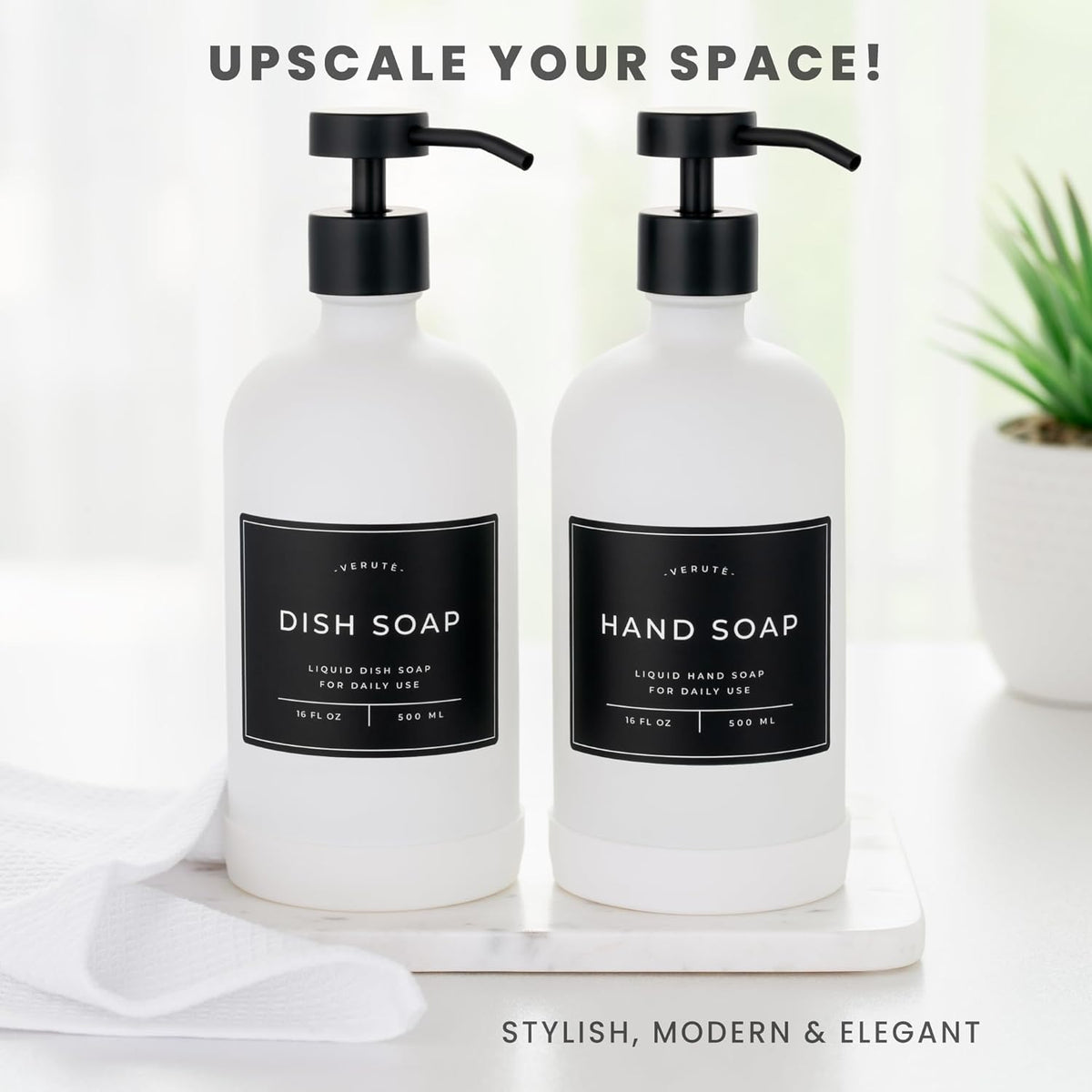 16oz Glass Soap Dispenser with Stainless Steel Pump, 21 Waterproof Labels, Non-Slip Protective