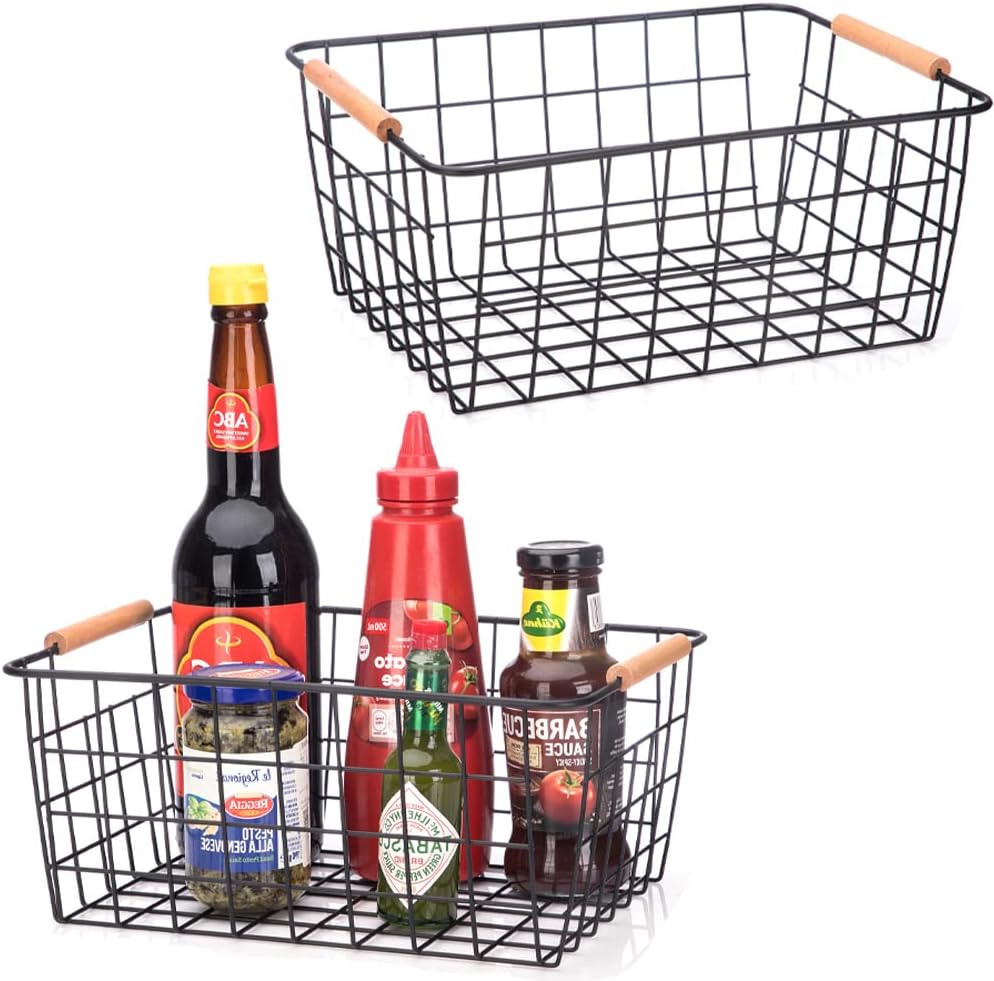 Metal Wire Food Storage Basket Organizer with Wooden Handles for Organizing Kitchen Cabinets, 4