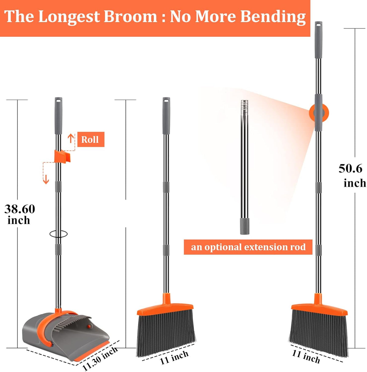 Broom and Dustpan Set for Home, Broom and Dustpan Combo for Office, Long Handle Broom with Upright