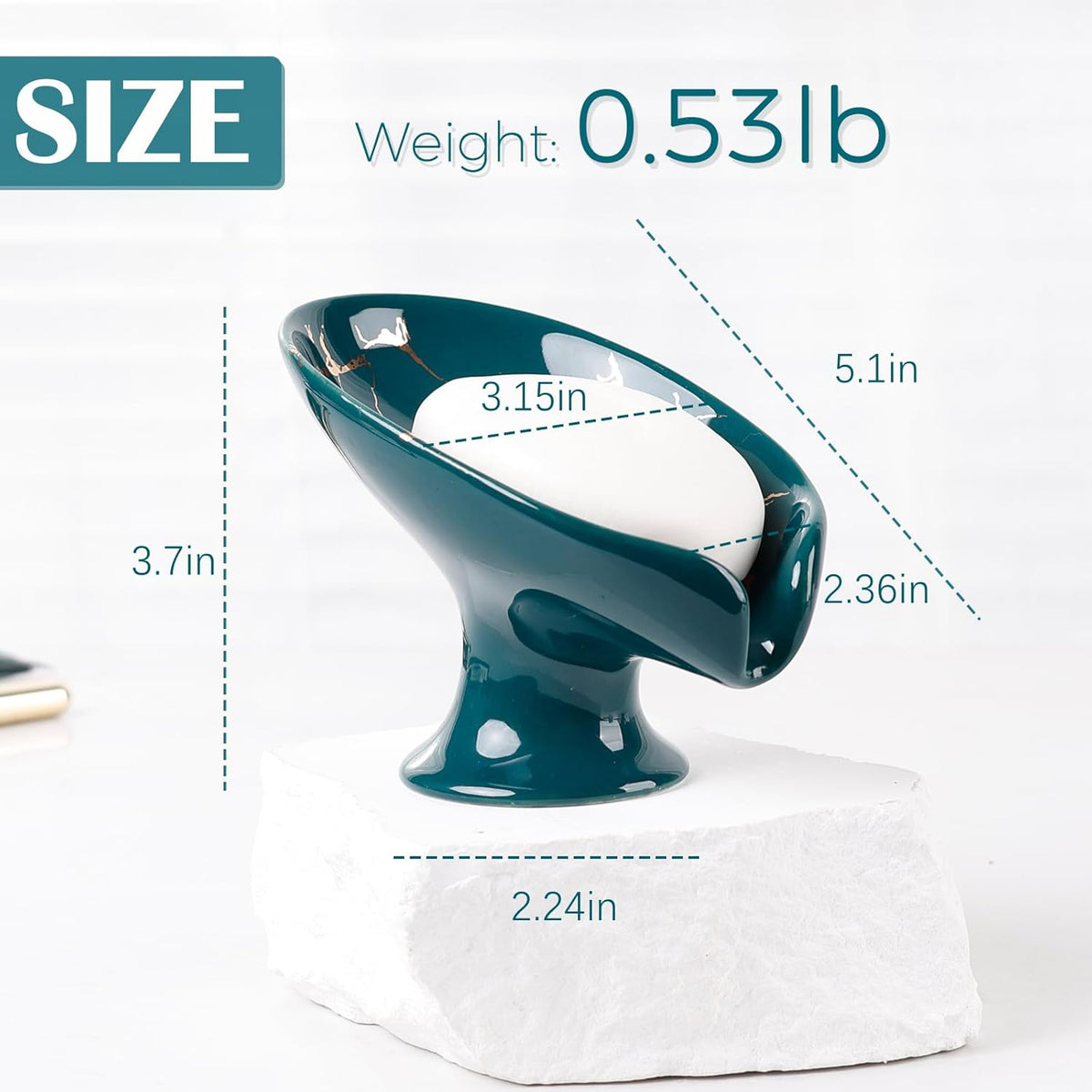 Soap Dish, Ceramic Soap Holder Self Draining Leaf Shape Bar Soap Holder, Marble Look Green Drain