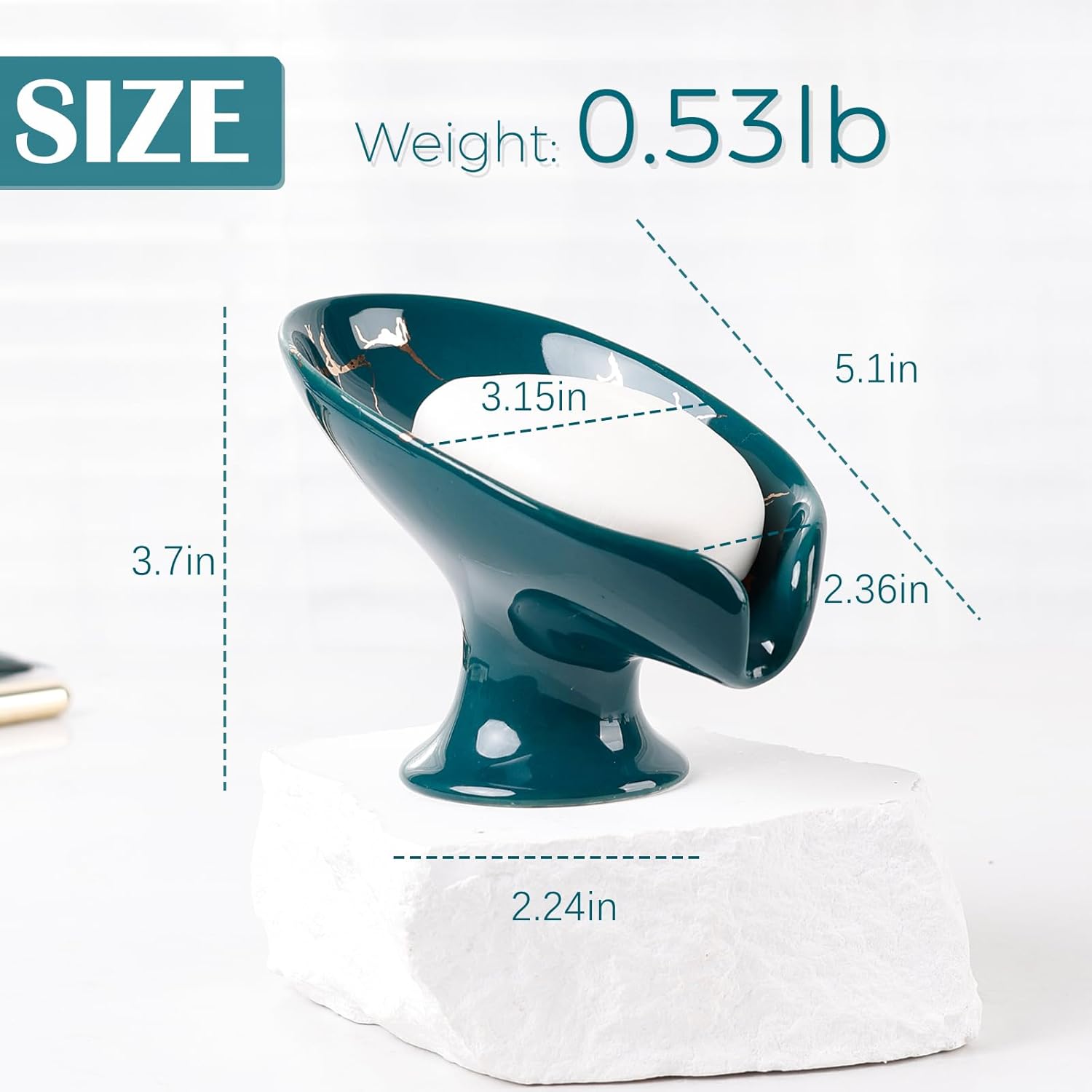 Soap Dish, Ceramic Soap Holder Self Draining Leaf Shape Bar Soap Holder, Marble Look Green Drain