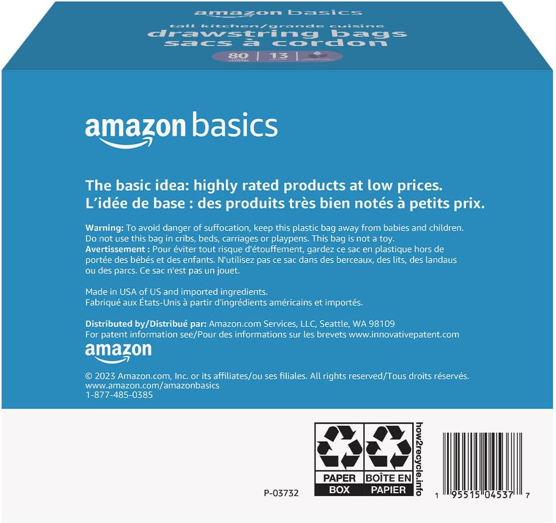 Amazon Basics Ultra-Force Tall Kitchen Drawstring Trash Bags, Lavender Scented, 13 Gallon, 80