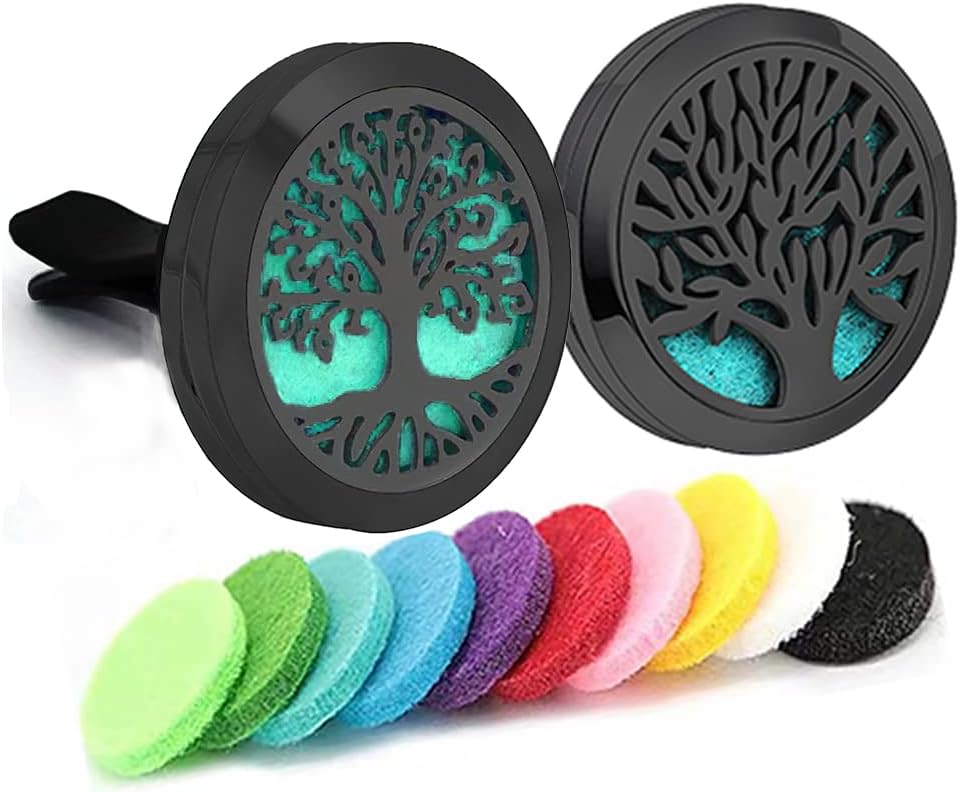 2Psc Black Car Aromatherapy Essential Oil Diffuser Locket Tree of Life Pattern Stainless Steel Car
