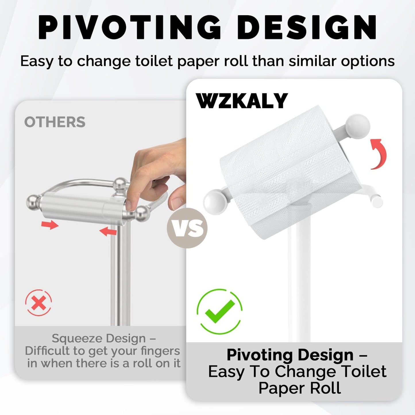 Toilet Paper Holder Stand, White Toilet Paper Holder Free Standing, Post Pivoting Design & Stable