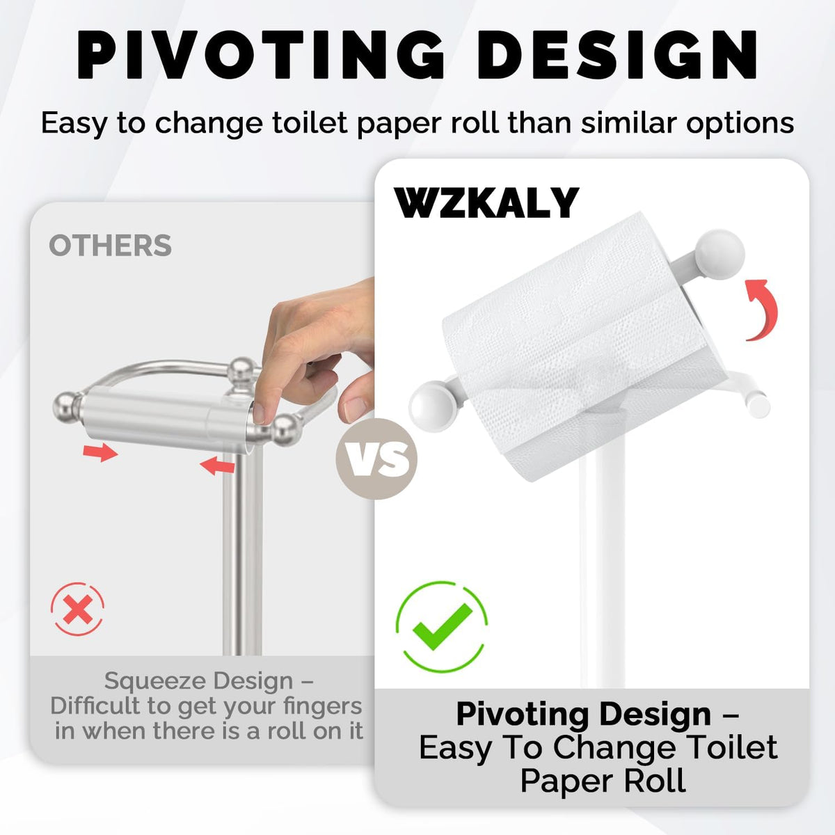 Toilet Paper Holder Stand, White Toilet Paper Holder Free Standing, Post Pivoting Design & Stable