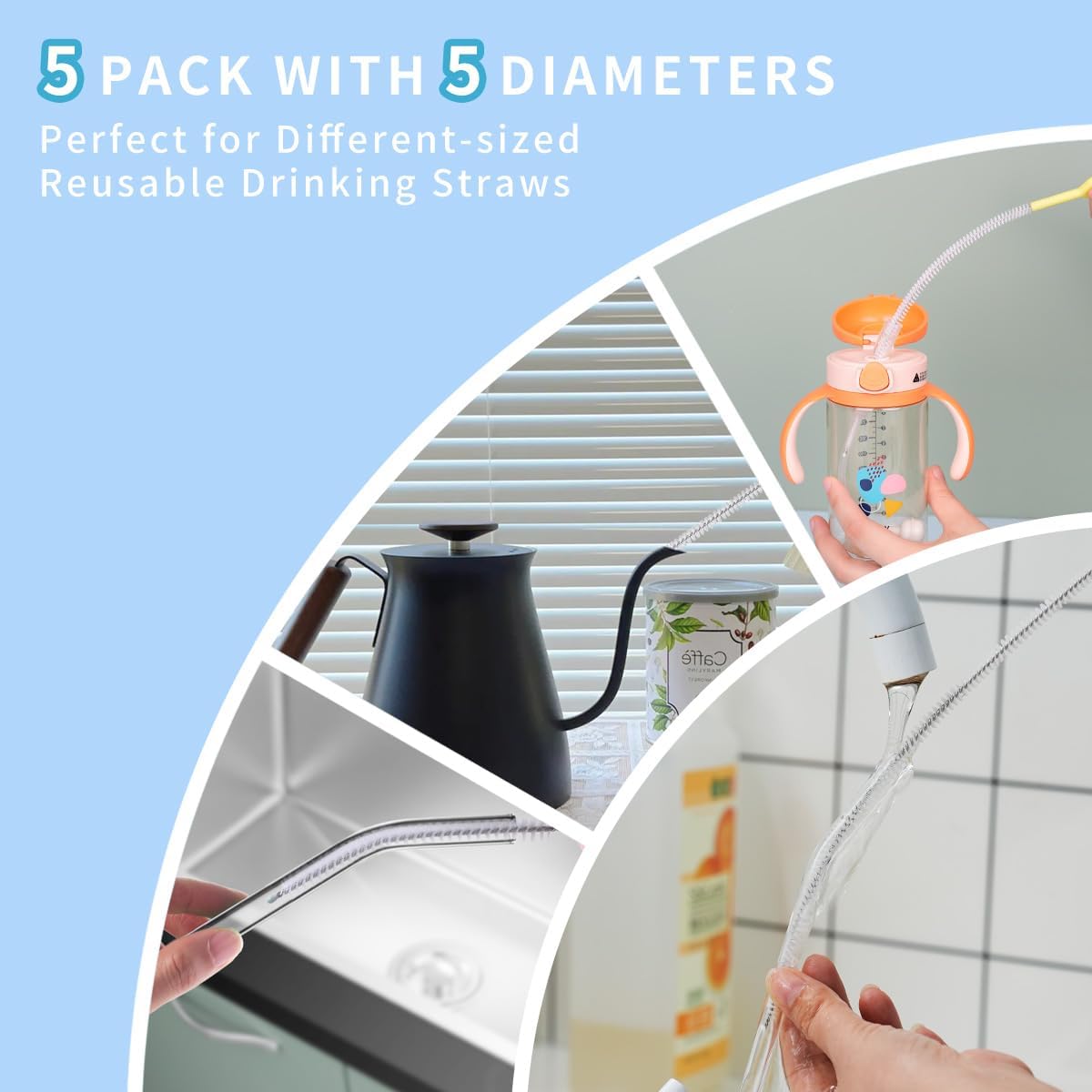 Straw Cleaner Brush Set – 10 Inch, 5 Sizes (4–12mm) Nylon Bristles – Heavy-Duty, Non-Scratch