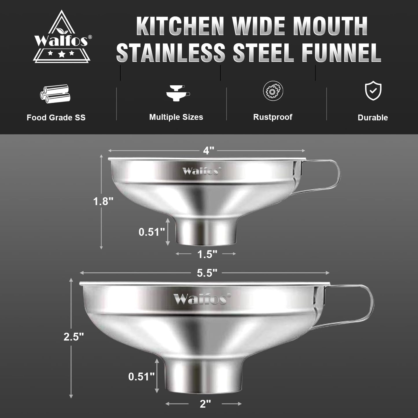 Walfos 2 Pack (4in & 5.5in) Stainless Steel Wide-Mouth Funnel with Handle for Wide and Regular