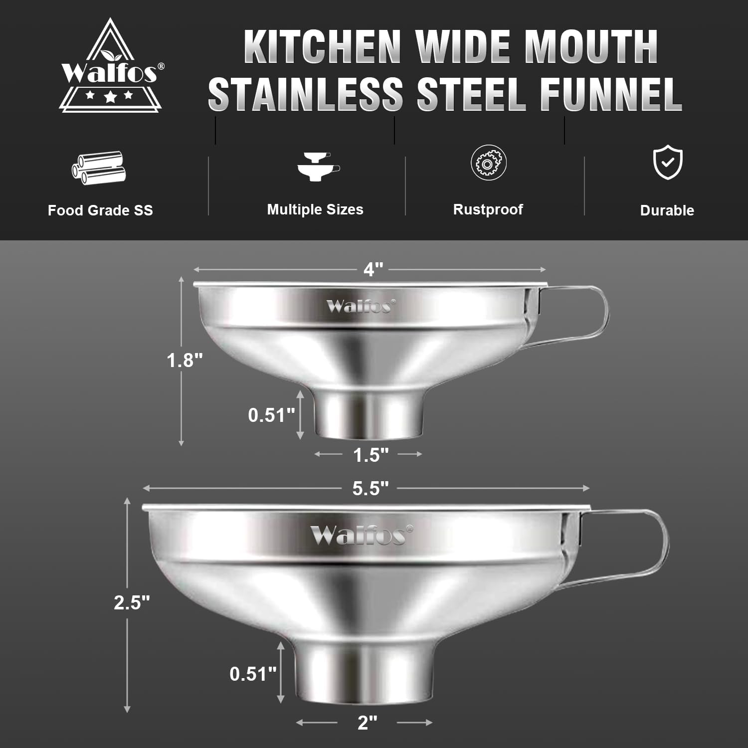 Walfos 2 Pack (4in & 5.5in) Stainless Steel Wide-Mouth Funnel with Handle for Wide and Regular