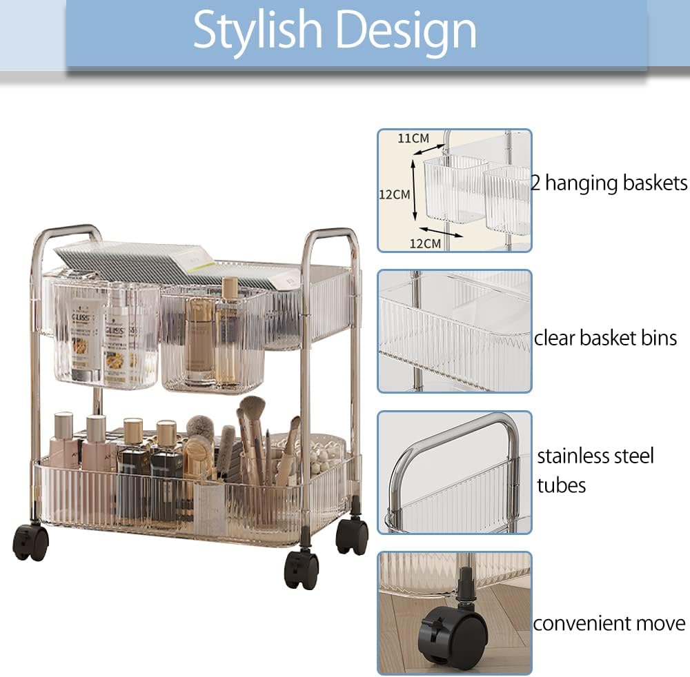 2-Tier Utility Rolling Cart Storage Organizer Sofa Side Table with Wheels, Under Desk Mobile
