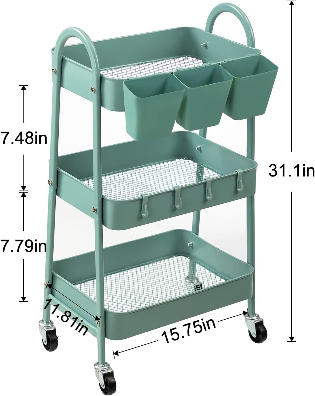 danpinera 3-Tier Rolling Cart, Metal Rolling Storage Cart with Lockable Wheels & Hanging Cups &