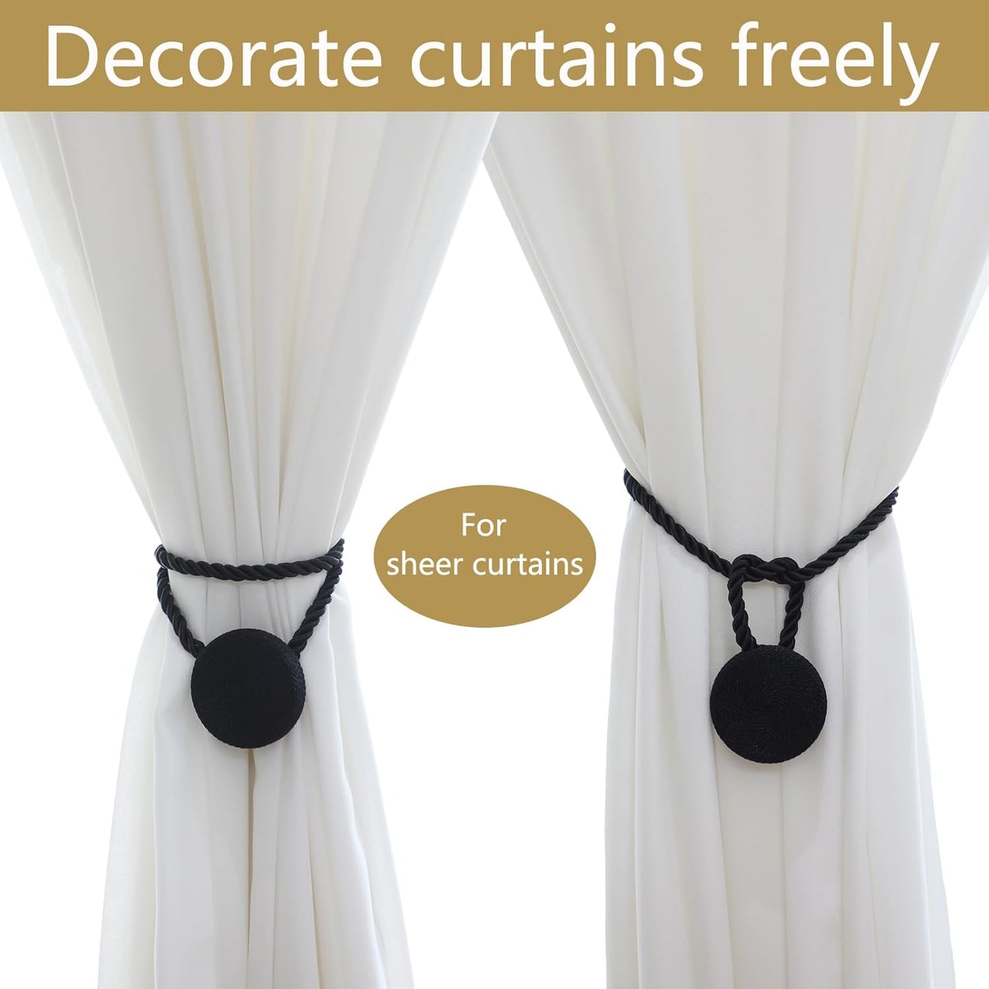 Magnetic Curtain Tiebacks - 12mm Magnetic Tie Backs for Curtains, Heavy Duty No Drill Curtain