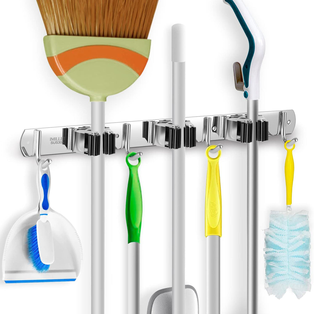 IMILLET Broom Holder Wall Mounted, Stainless Steel Broom and Mop Holder Self Adhesive Broom