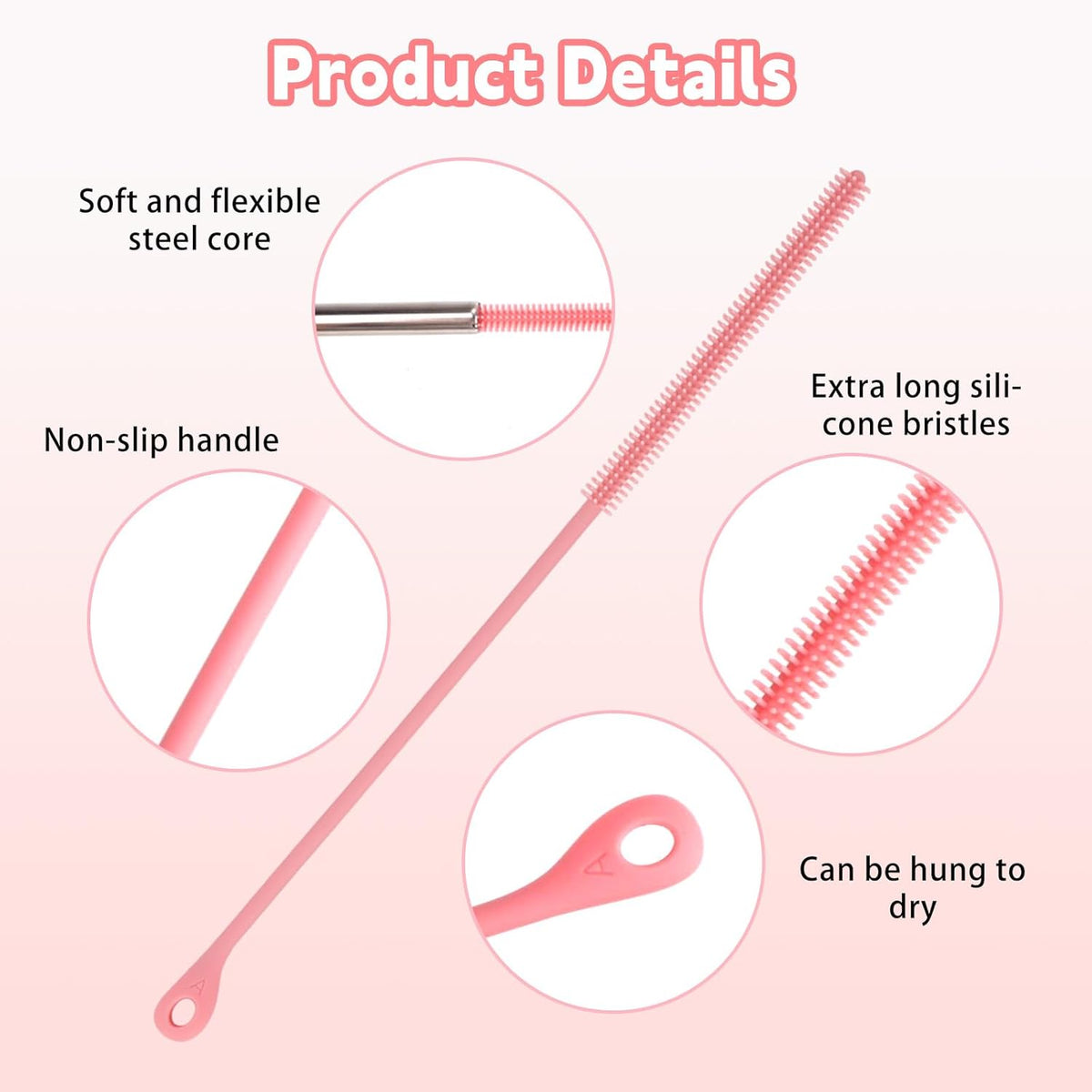 2pcs Silicone Straw Cleaner Brush, 9.5in Extra Long Reusable Straw Brush for Stanley, Metal, Glass