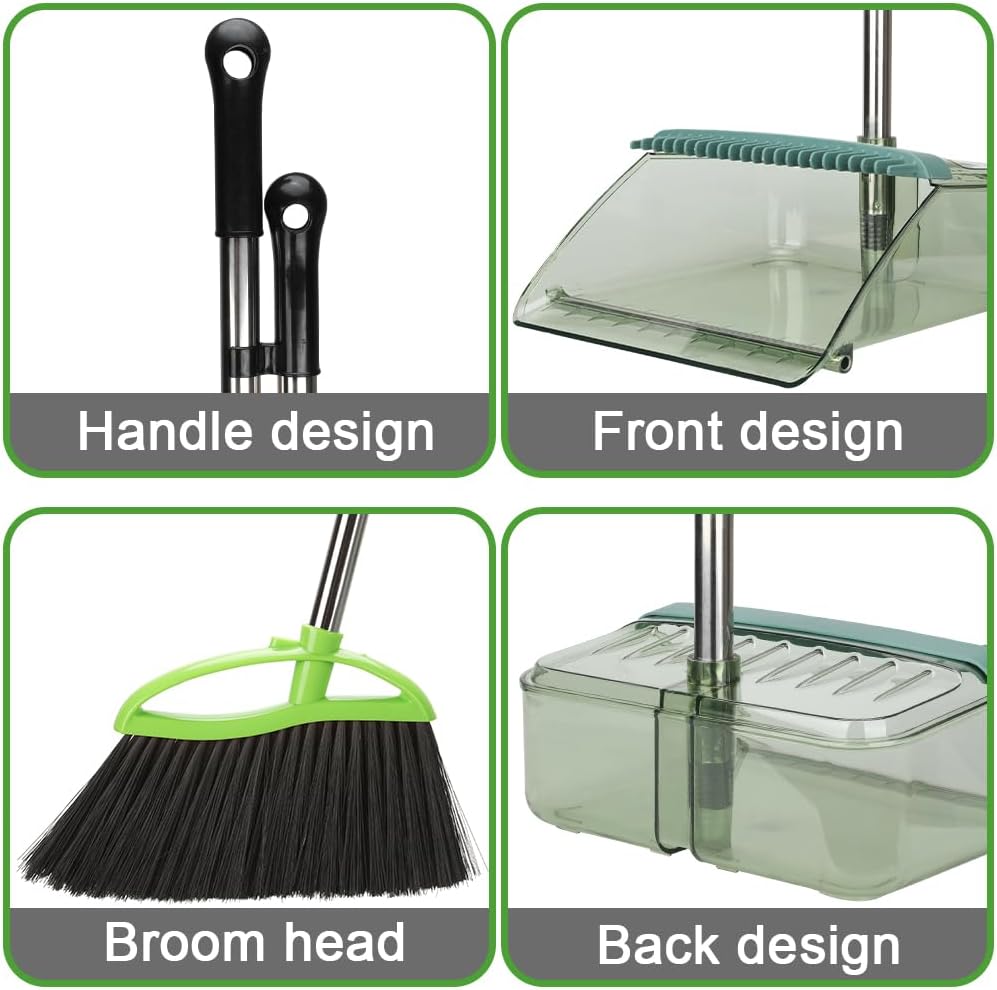 Soft Bristles Green Angle Broom and Dustpan Set, Long Handle Household Indoor Broom with Dustpan