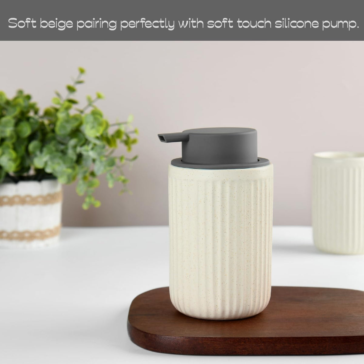 Beige Ceramic Foaming Soap Dispenser, Speckled Rippled 12 oz Bottle with Gray Silicone Pump, Foam