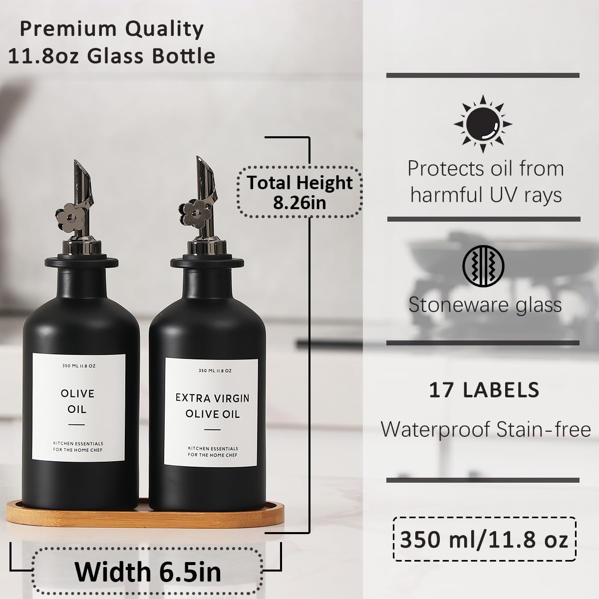 HOMCDALY Olive Oil Dispenser for Kitchen, 11.8oz Glass Kitchen Dispenser Bottle, Black Oil&Vinegar
