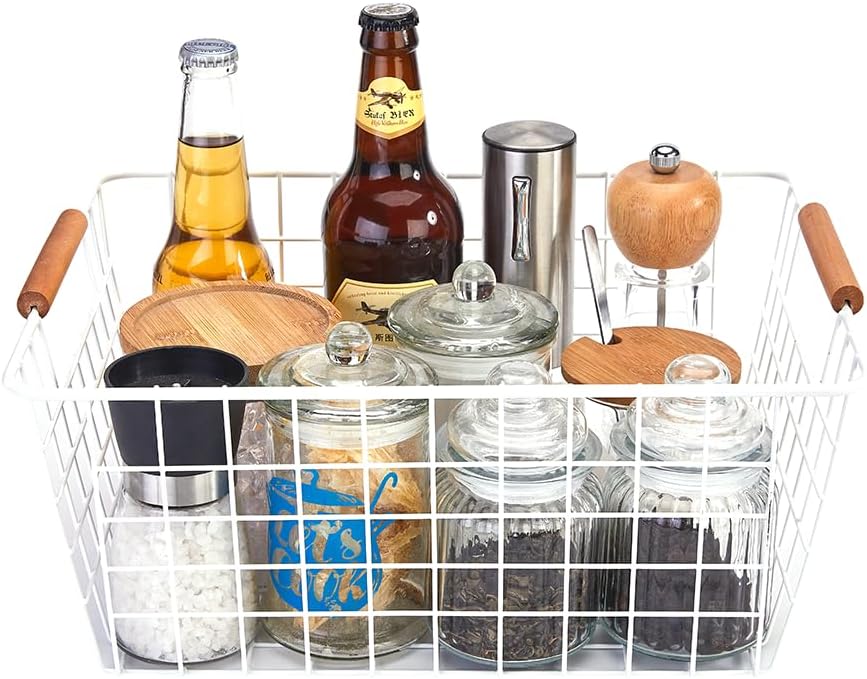 LeleCAT Large white wire baskets with Wooden Handles for storage pantry, Storage Organizer Baskets