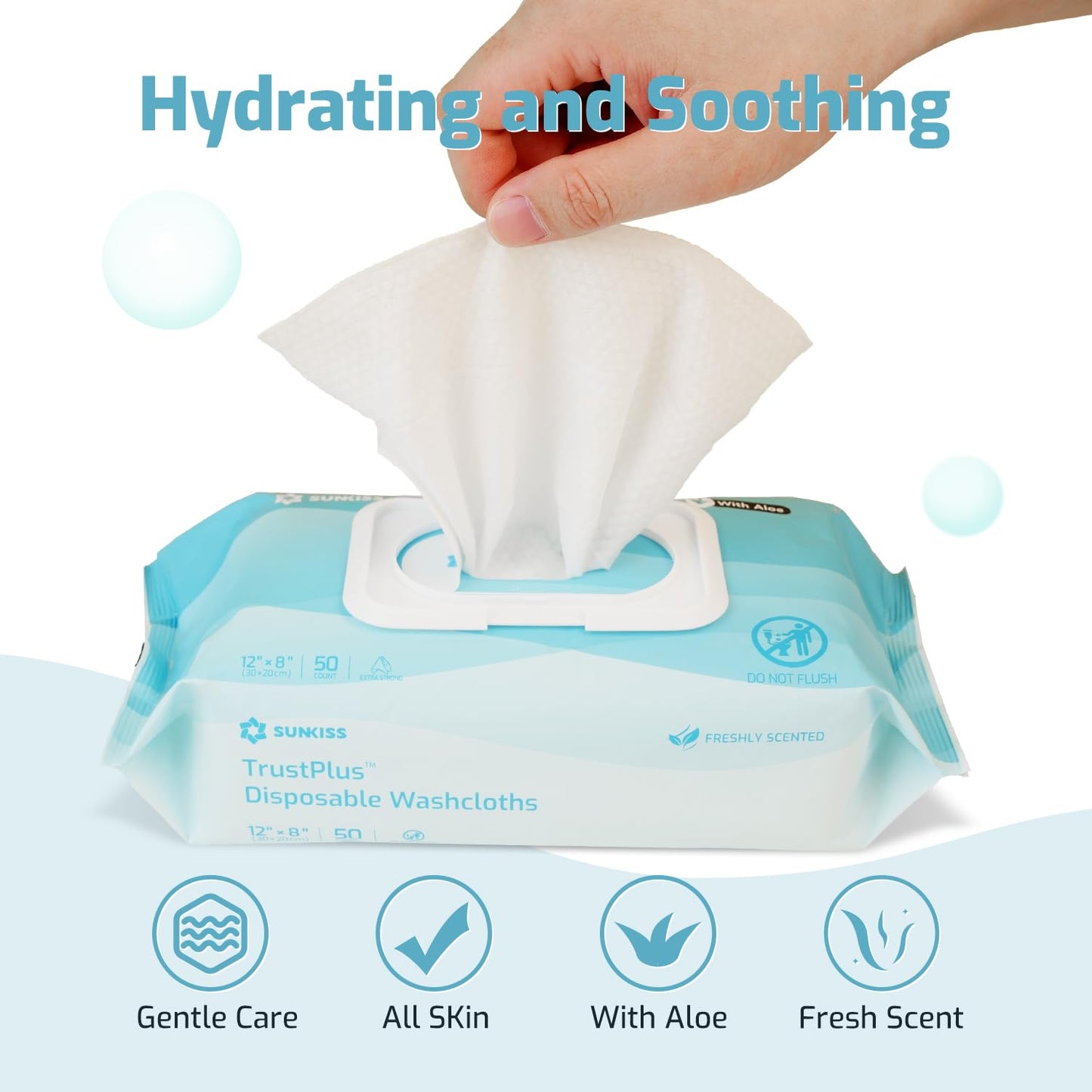 SUNKISS Trustplus Wet Wipes for Adult No Rinse, Extra Large 8”x12” Body Cleaning Washcloths for