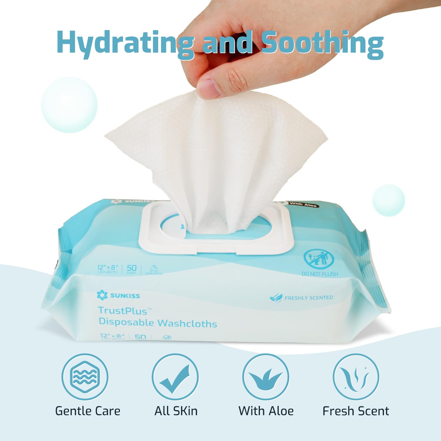 SUNKISS Trustplus Wet Wipes for Adult No Rinse, Extra Large 8”x12” Body Cleaning Washcloths for