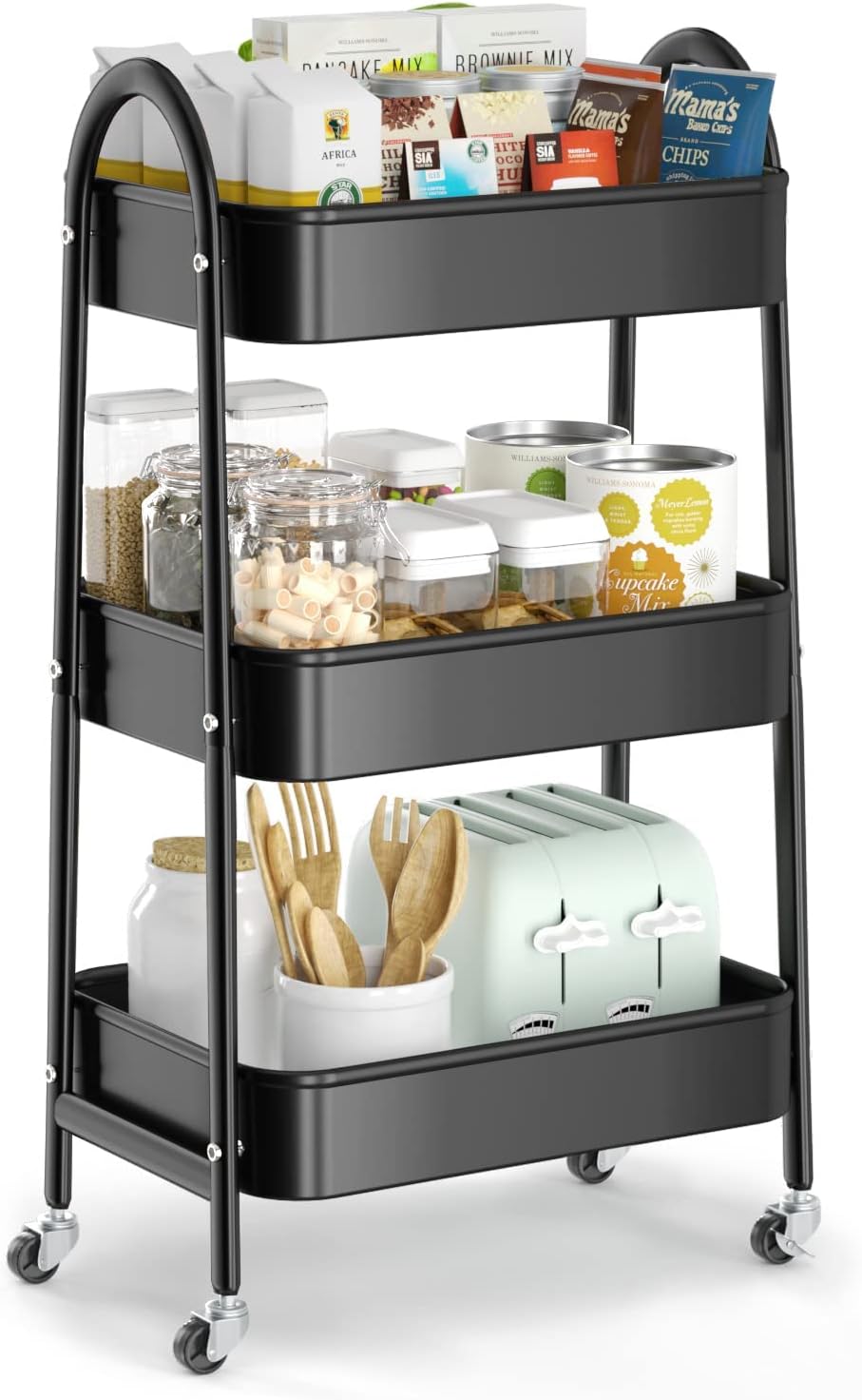 EAGMAK 3 Tier Utility Rolling Cart, Metal Storage Cart with Handle and Lockable Wheels
