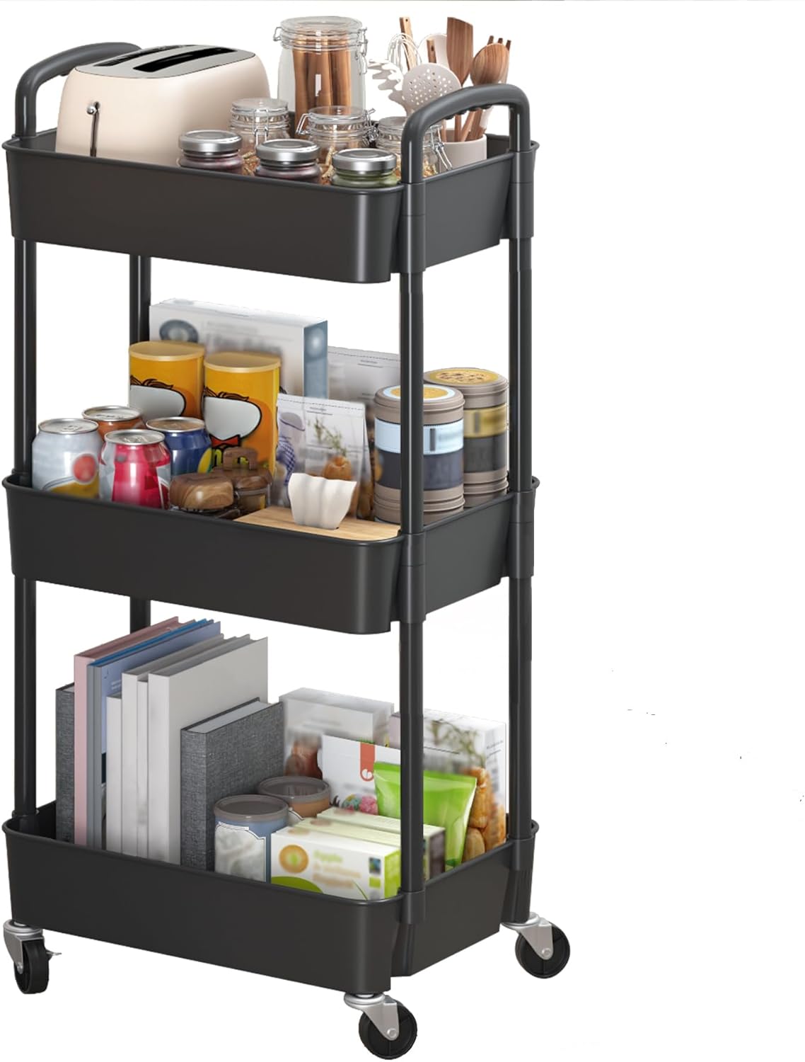 Sywhitta 3-Tier Plastic Rolling Utility Cart with Handle, Multi-Functional Storage Trolley for